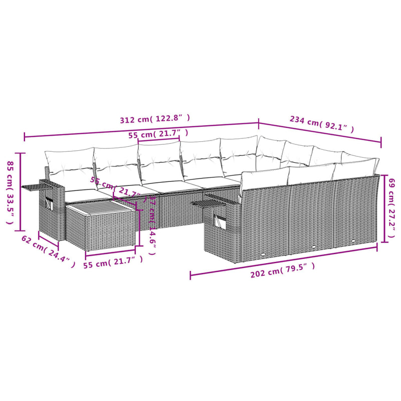 vidaXL 11 részes szürke polyrattan kerti ülőgarnitúra párnákkal