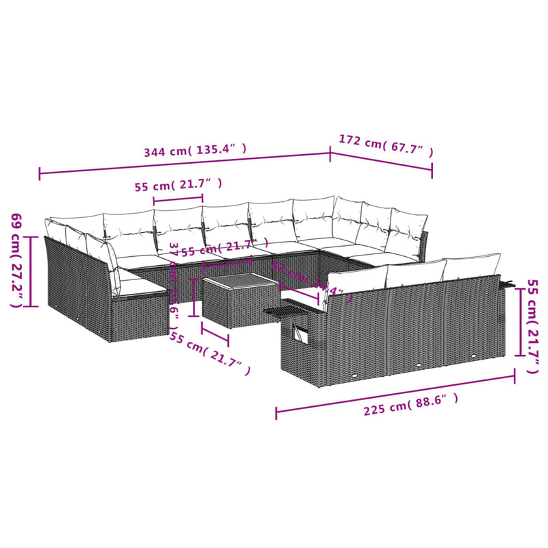 vidaXL 14 részes szürke polyrattan kerti ülőgarnitúra párnákkal