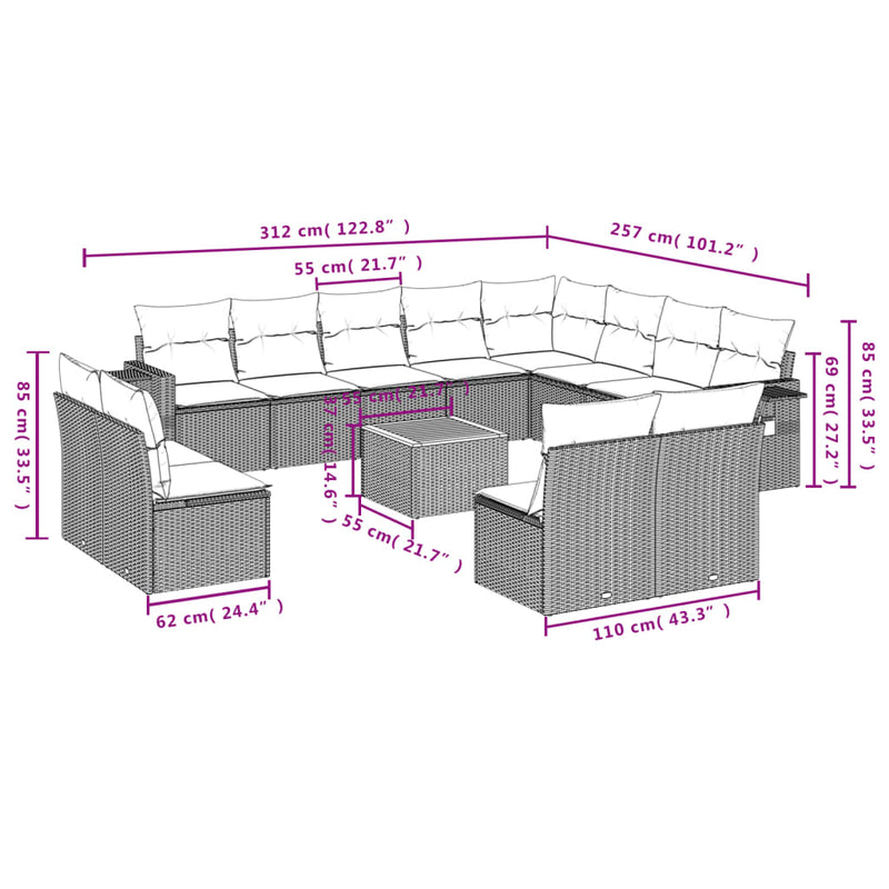 vidaXL 13 részes fekete polyrattan kerti ülőgarnitúra párnákkal