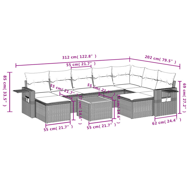 vidaXL 10 részes szürke polyrattan kerti ülőgarnitúra párnákkal