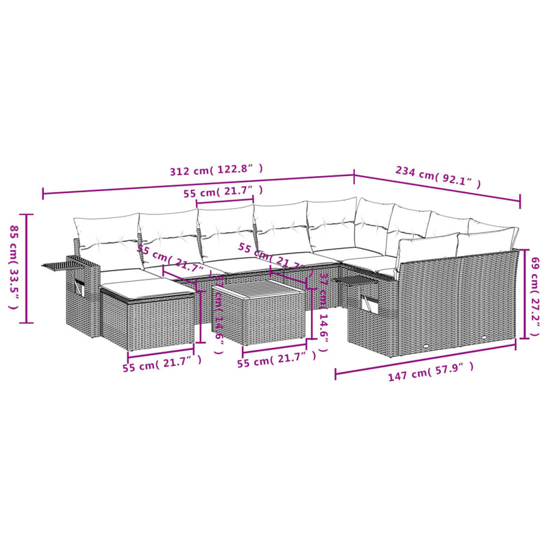 vidaXL 11 részes szürke polyrattan kerti ülőgarnitúra párnákkal