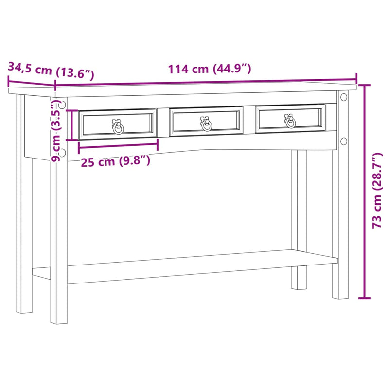 vidaXL Corona tömör fenyőfa konzolasztal 114 x 34,5 x 73 cm