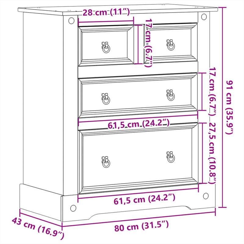 vidaXL Corona tömör fenyőfa komód 80x43x91 cm