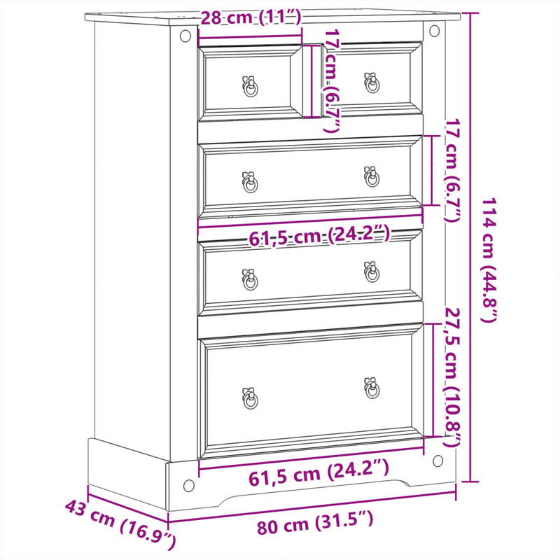 vidaXL Corona tömör fenyőfa komód 80 x 43 x 114 cm
