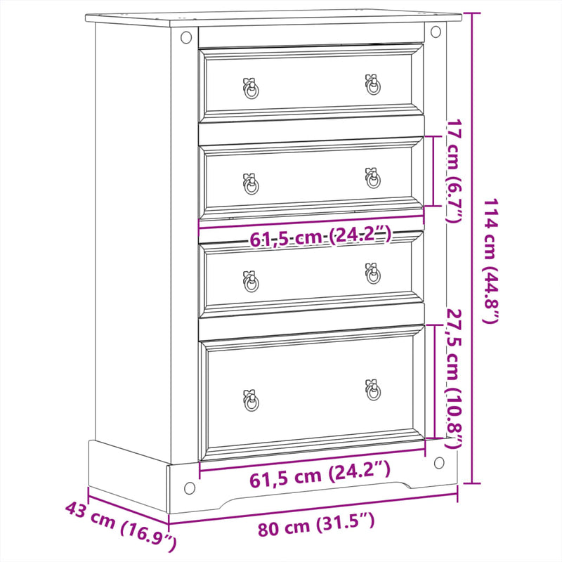 vidaXL Corona tömör fenyőfa komód 80 x 43 x 114 cm