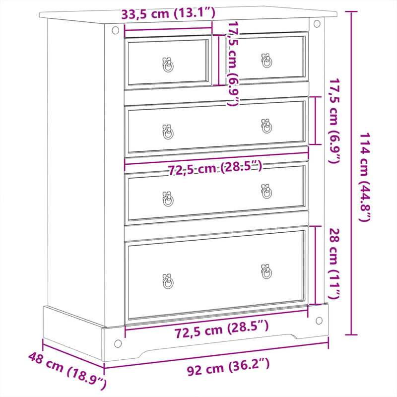 vidaXL Corona tömör fenyőfa komód 92x48x114 cm
