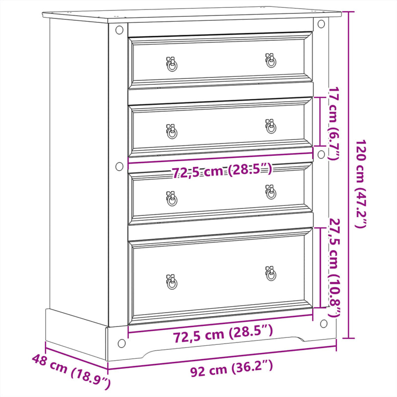 vidaXL Corona tömör fenyőfa komód 92x48x120 cm