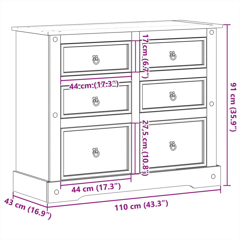 vidaXL Corona tömör fenyőfa komód 110x43x91 cm