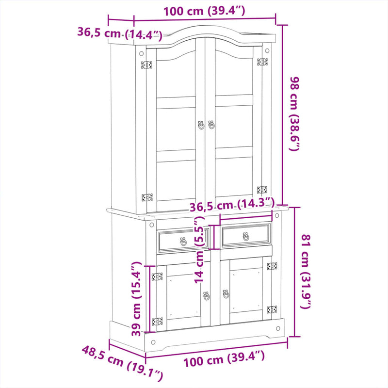 vidaXL Corona tömör fenyőfa vitrinszekrény 100 x 48,5 x 179 cm