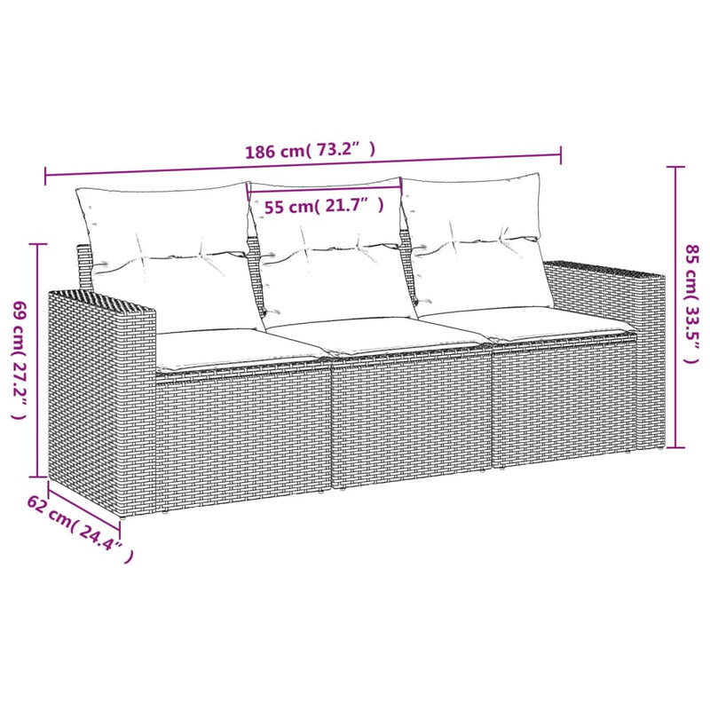 vidaXL 3 részes szürke polyrattan kerti ülőgarnitúra párnákkal