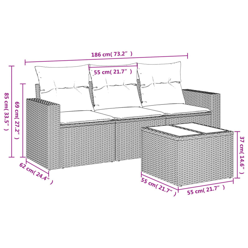 vidaXL 4 részes fekete polyrattan kerti ülőgarnitúra párnákkal