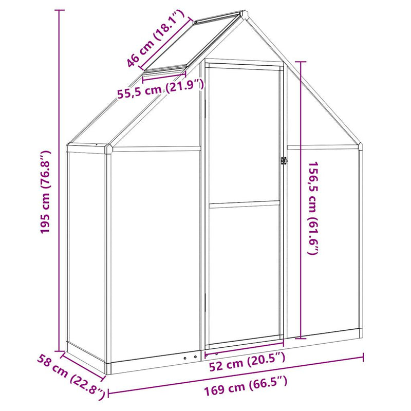 vidaXL ezüstszínű alumínium melegház alapvázzal 169 x 58 x 195 cm
