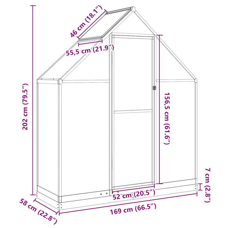 vidaXL ezüstszínű alumínium melegház alapvázzal 169 x 58 x 202 cm