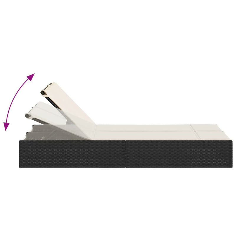 vidaXL fekete polyrattan dupla napozóágy párnával