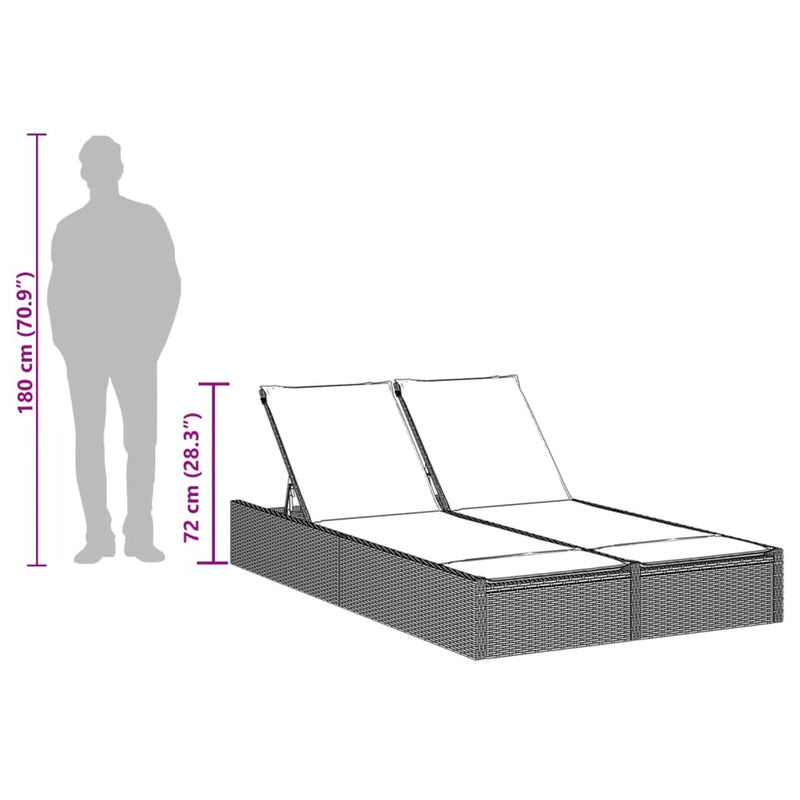 vidaXL fekete polyrattan kétszemélyes napozóágy párnákkal