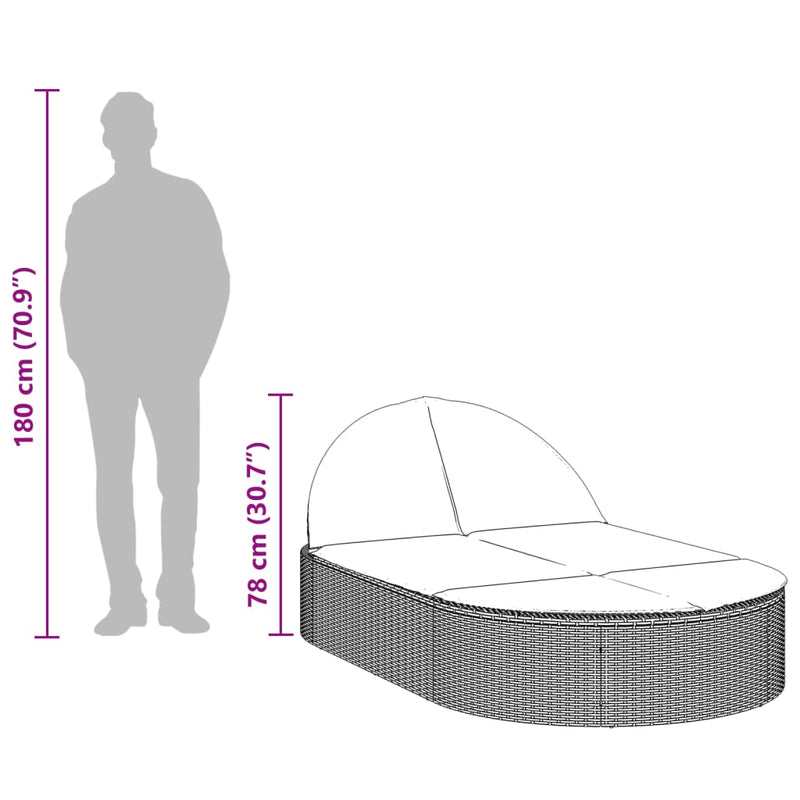 vidaXL fekete polyrattan dupla napozóágy párnával