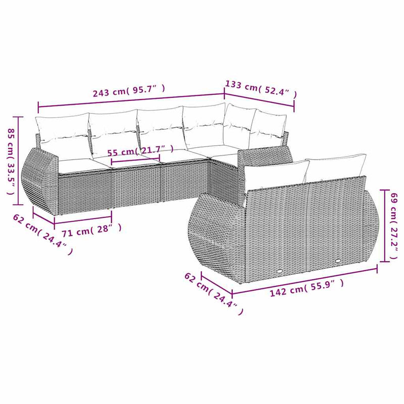 vidaXL 7 részes világosszürke polyrattan kerti ülőgarnitúra párnákkal