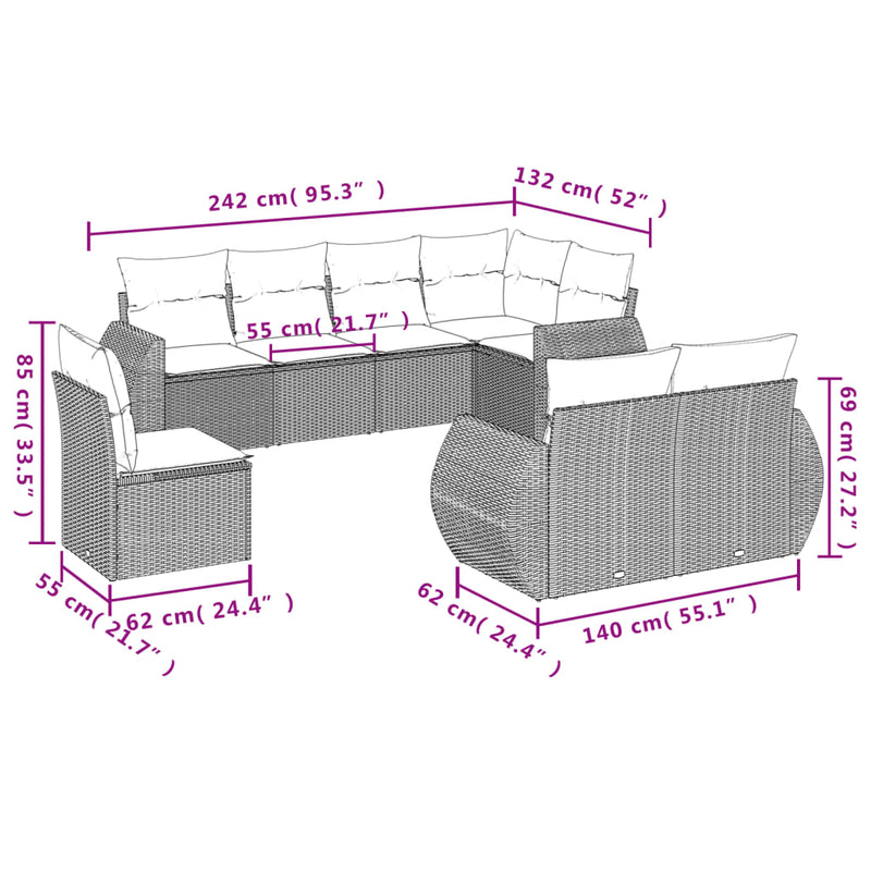 vidaXL 8 részes szürke polyrattan kerti ülőgarnitúra párnákkal