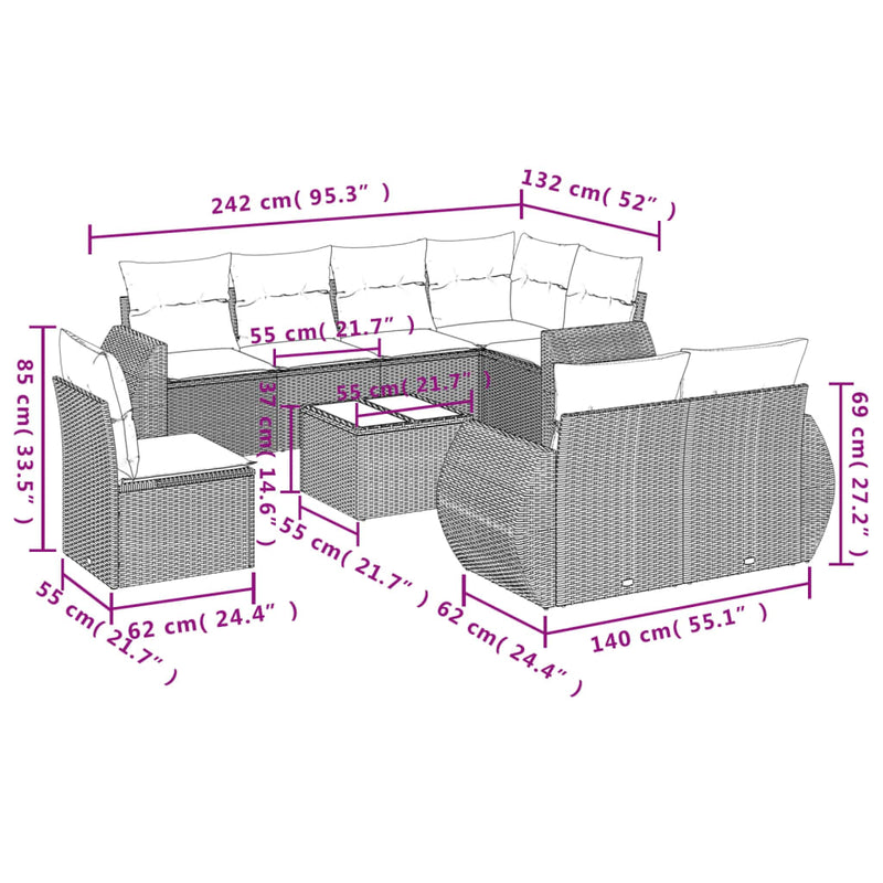 vidaXL 9 részes bézs polyrattan kerti ülőgarnitúra párnákkal