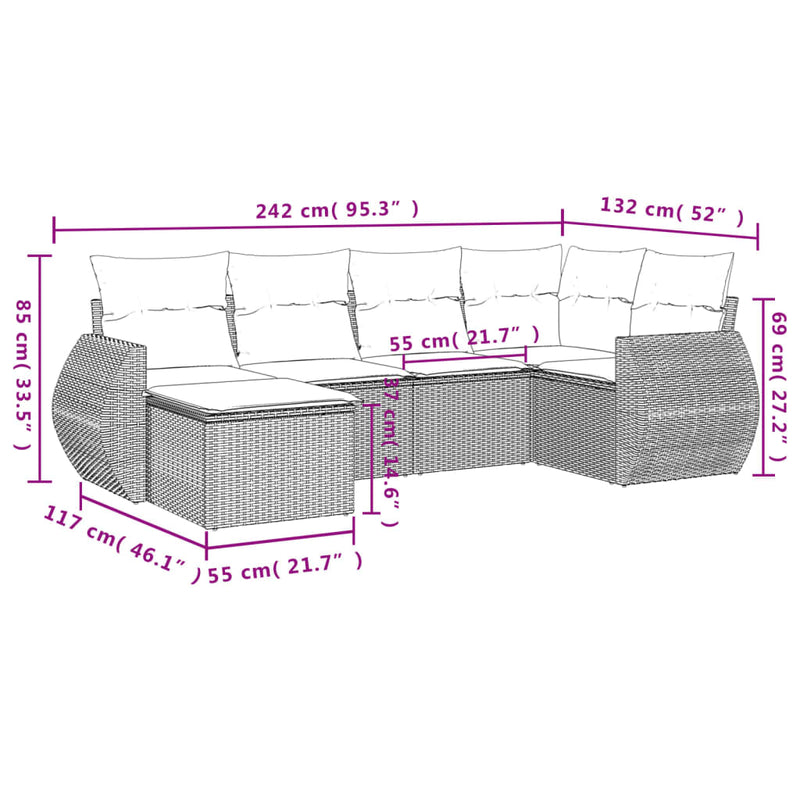 vidaXL 6 részes fekete polyrattan kerti ülőgarnitúra párnákkal