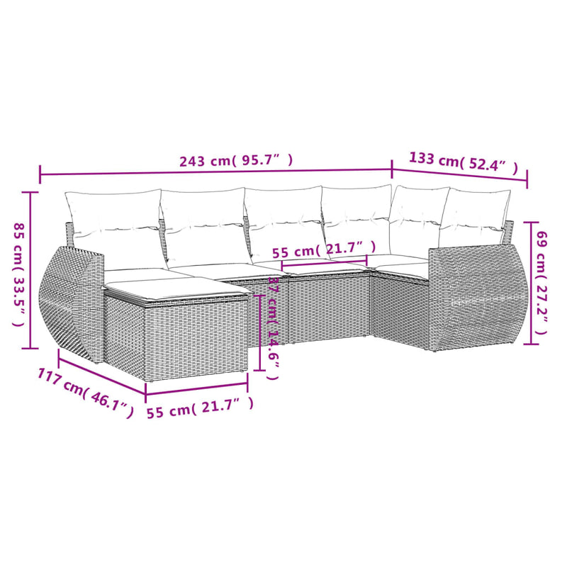 vidaXL 6 részes világosszürke polyrattan kerti ülőgarnitúra párnákkal