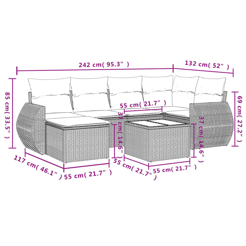 vidaXL 7 részes világosszürke polyrattan kerti ülőgarnitúra párnákkal