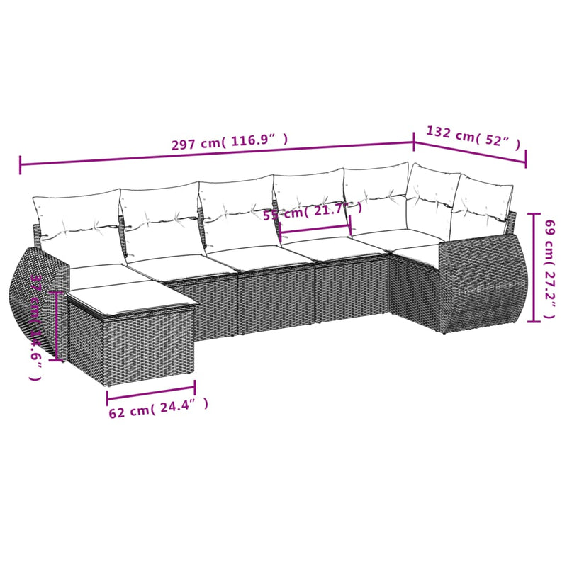 vidaXL 7 részes fekete polyrattan kerti ülőgarnitúra párnával