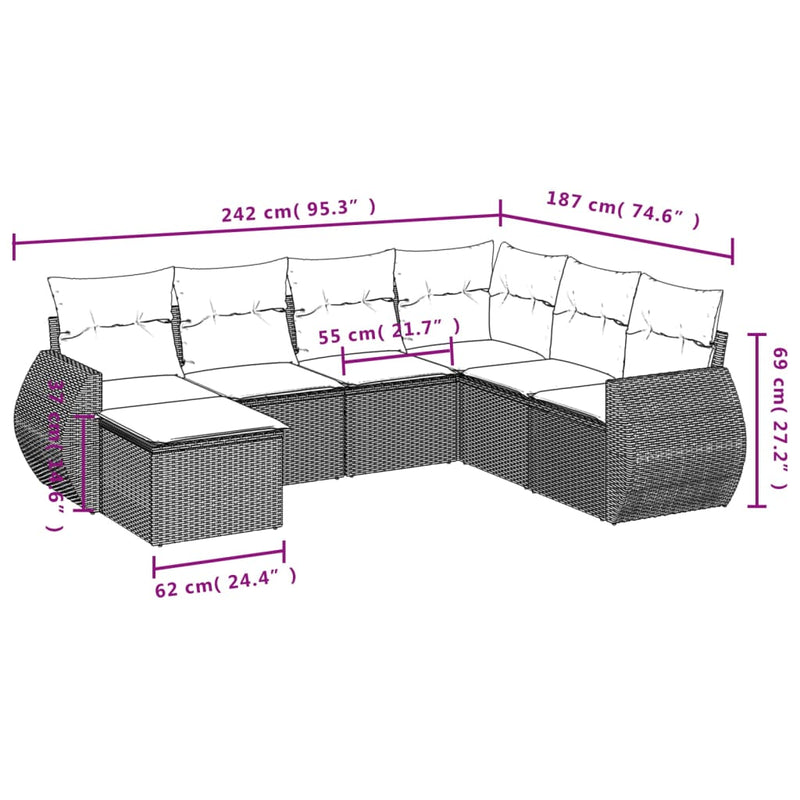 vidaXL 7 részes fekete polyrattan kerti ülőgarnitúra párnával