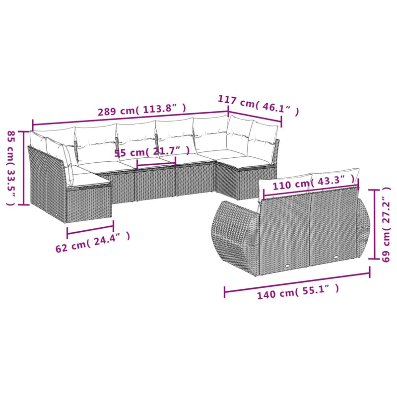 vidaXL 9 részes világosszürke polyrattan kerti ülőgarnitúra párnával