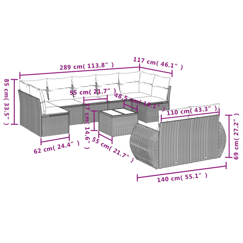 vidaXL 10 részes világosszürke polyrattan kerti ülőgarnitúra párnákkal