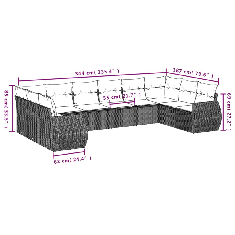 vidaXL 11 részes fekete polyrattan kerti ülőgarnitúra párnákkal