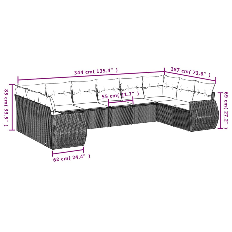 vidaXL 11 részes bézs polyrattan kerti ülőgarnitúra párnákkal