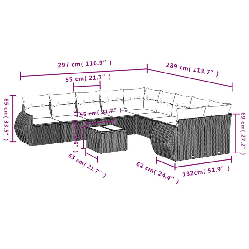 vidaXL 11 részes világosszürke polyrattan kerti ülőgarnitúra párnákkal