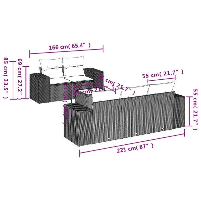 vidaXL 6 részes fekete polyrattan kerti ülőgarnitúra párnákkal