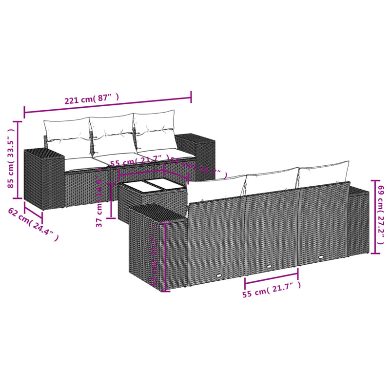 vidaXL 7 részes fekete polyrattan kerti ülőgarnitúra párnával