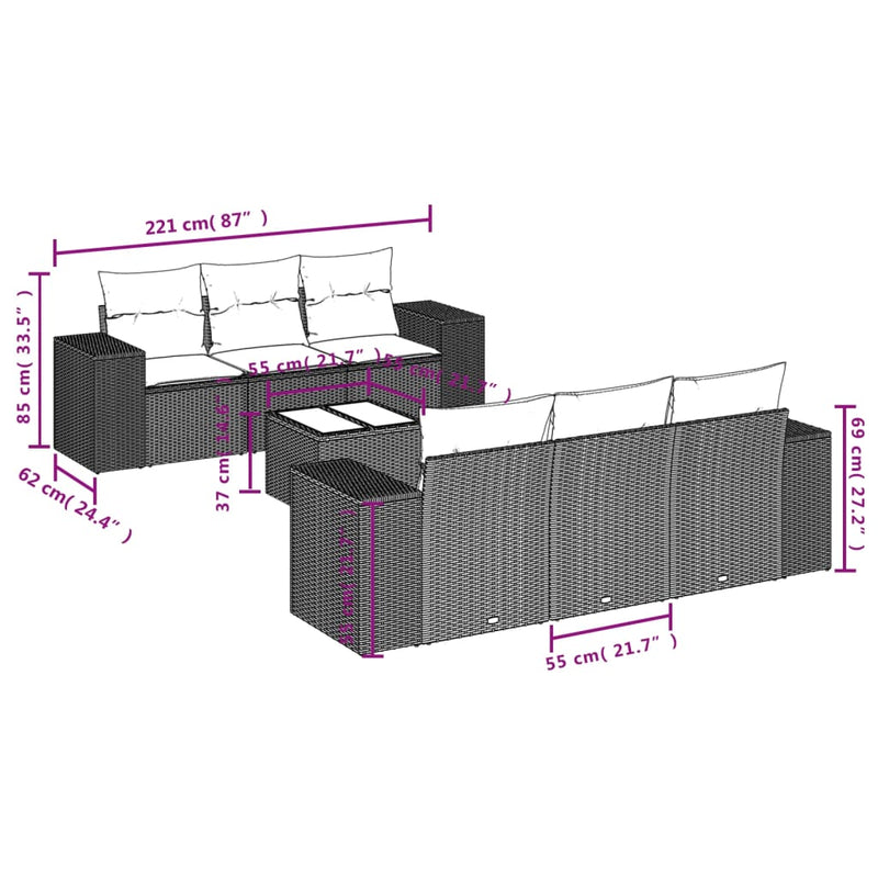 vidaXL 7 részes bézs polyrattan kerti ülőgarnitúra párnákkal