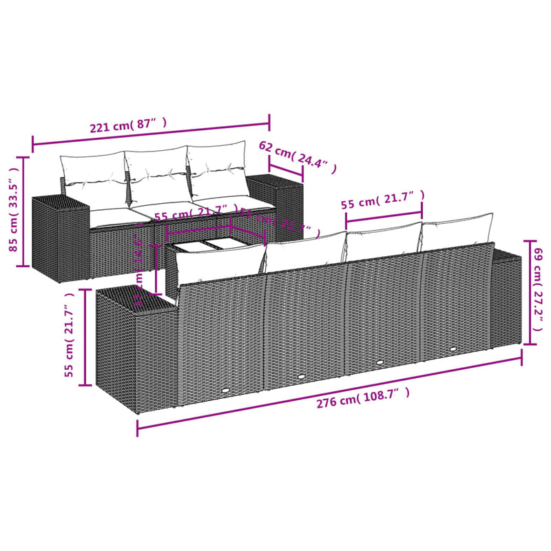 vidaXL 8 részes fekete polyrattan kerti ülőgarnitúra párnákkal