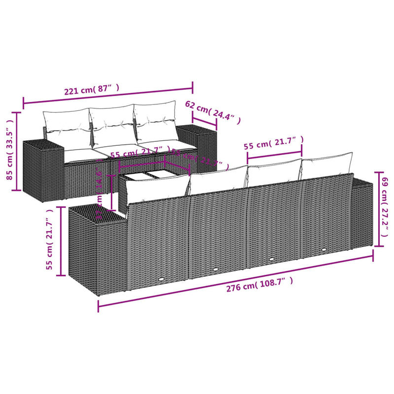 vidaXL 8 részes szürke polyrattan kerti ülőgarnitúra párnákkal