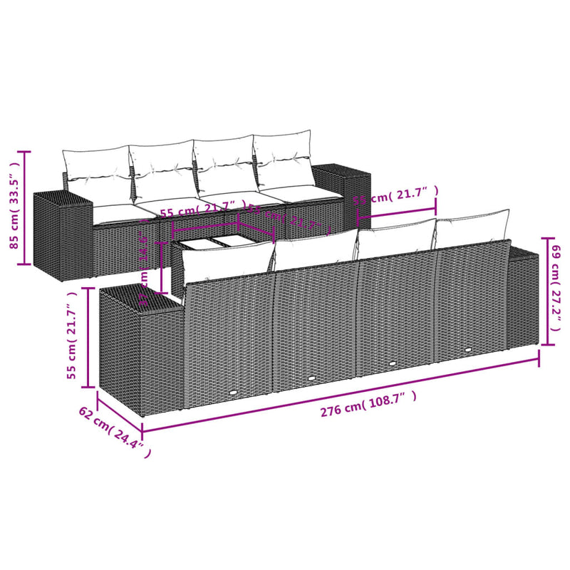 vidaXL 9 részes szürke polyrattan kerti ülőgarnitúra párnákkal