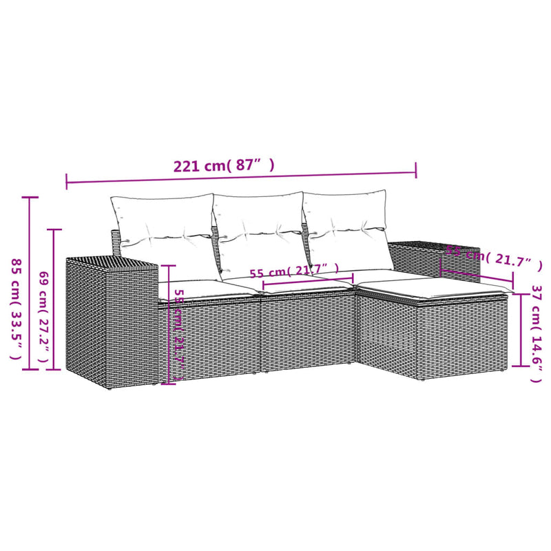 vidaXL 4 részes fekete polyrattan kerti ülőgarnitúra párnákkal