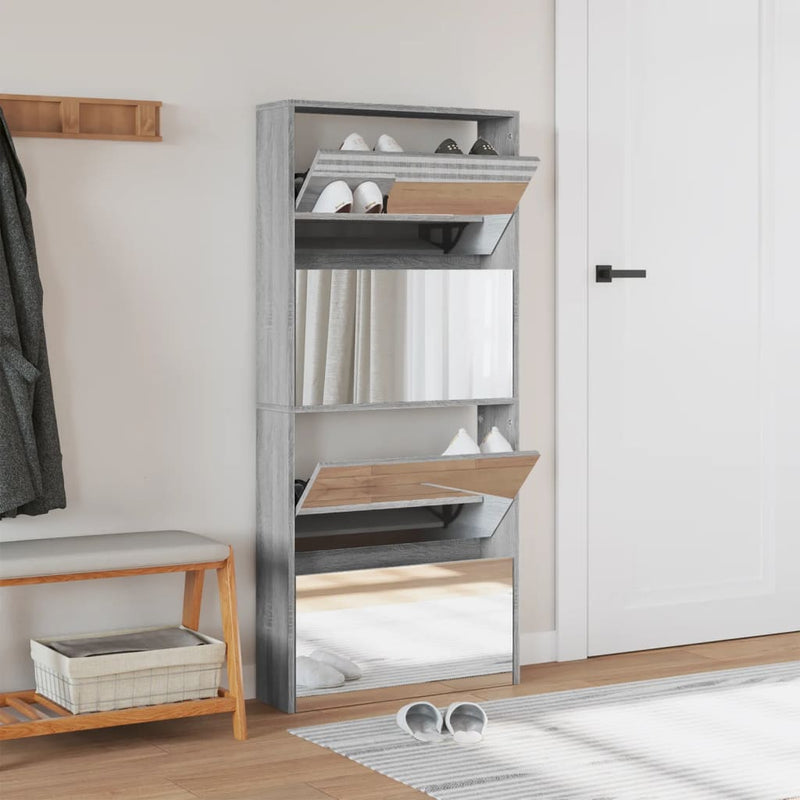 vidaXL szürke sonoma 4 szintes cipőszekrény tükörrel 63 x 17 x 134 cm