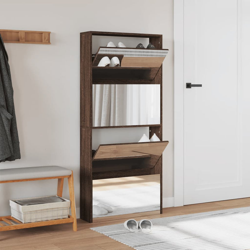 vidaXL 4 szintes barna tölgyszínű cipőszekrény tükörrel 63x17x134 cm