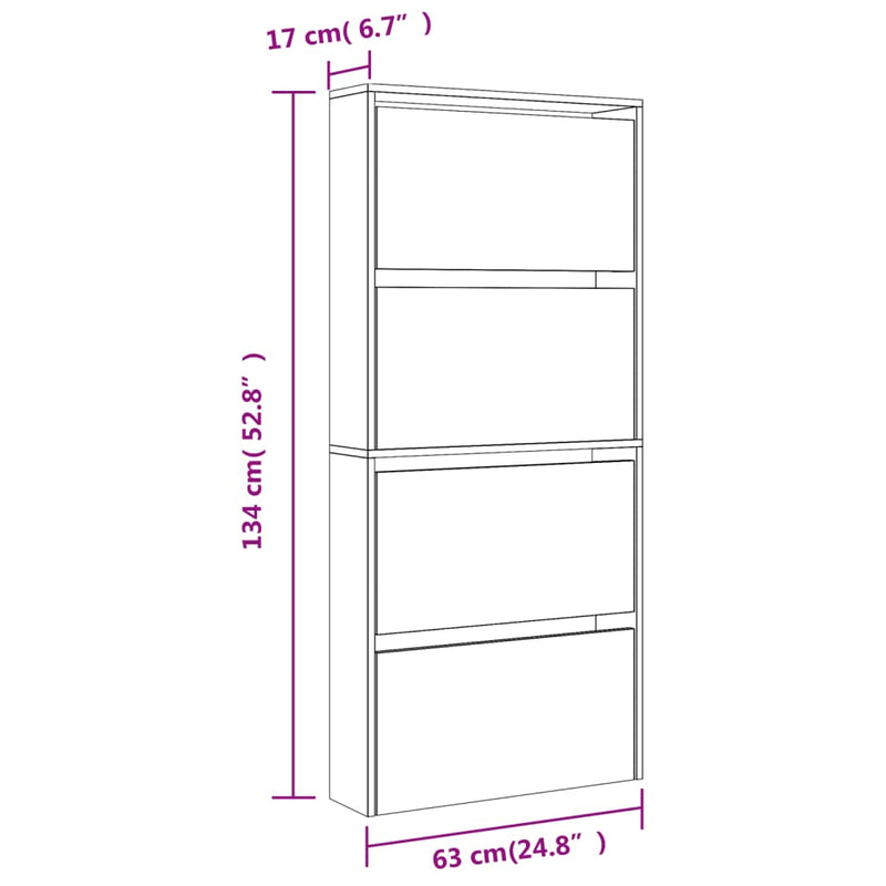 vidaXL 4 szintes barna tölgyszínű cipőszekrény tükörrel 63x17x134 cm