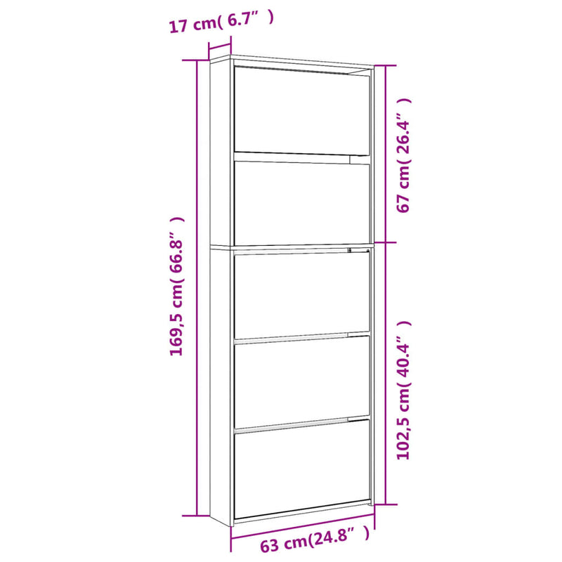 vidaXL fekete 5 szintes cipőszekrény tükörrel 63 x 17 x 169,5 cm