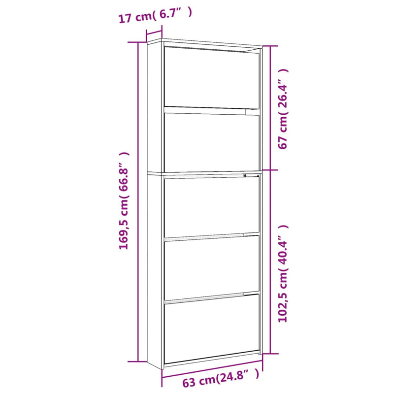 vidaXL 5 szintes szürke sonoma cipőszekrény tükörrel 63x17x169,5 cm