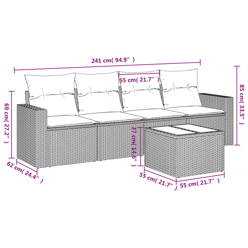 vidaXL 5 részes világosszürke polyrattan kerti ülőgarnitúra párnákkal