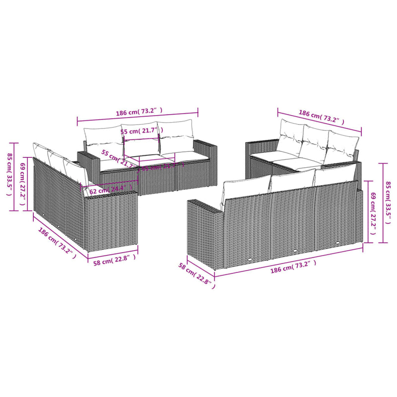 vidaXL 12 részes szürke polyrattan kerti ülőgarnitúra párnákkal