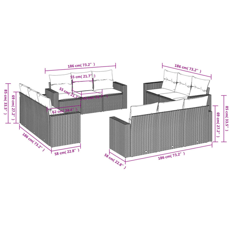 vidaXL 12 részes világosszürke polyrattan kerti ülőgarnitúra párnával