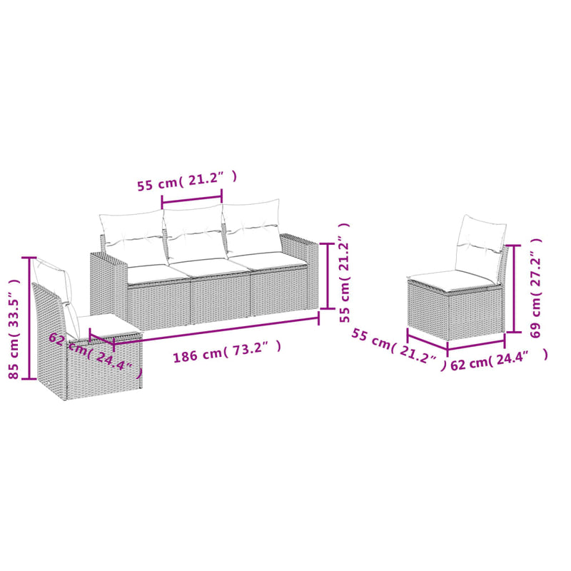 vidaXL 5 részes bézs polyrattan kerti ülőgarnitúra párnákkal