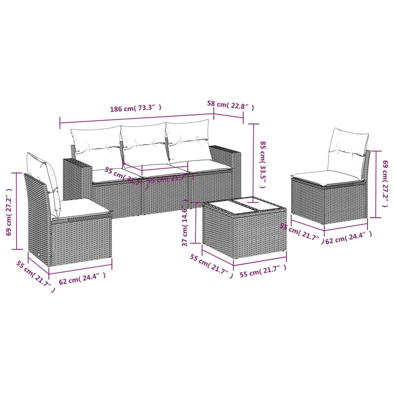 vidaXL 6 részes szürke polyrattan kerti ülőgarnitúra párnákkal